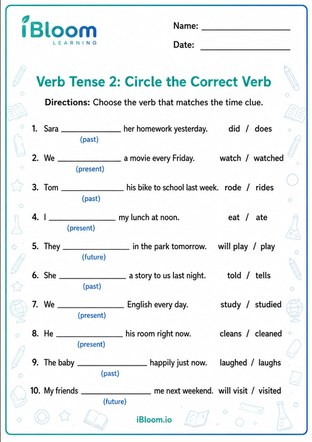 Preview of Verb Tense 2: Circle the Correct Verb worksheet