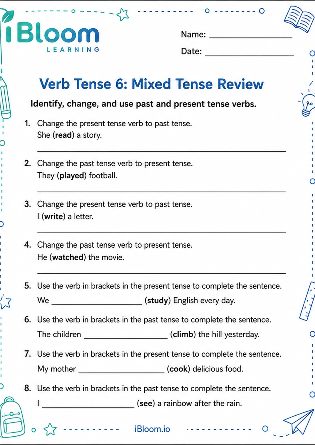 Preview of Verb Tense 6: Mixed Tense Review worksheet