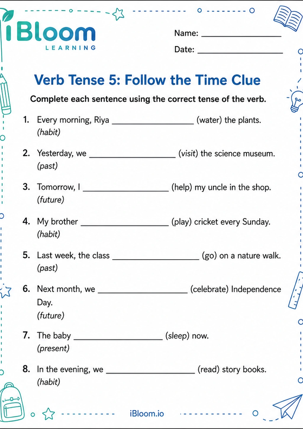 Preview of Verb Tense 5: Follow the Time Clue worksheet
