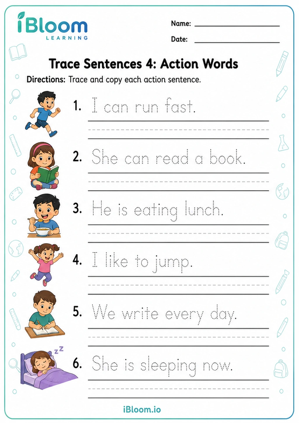 Preview of Trace Sentences 4: Action Words worksheet