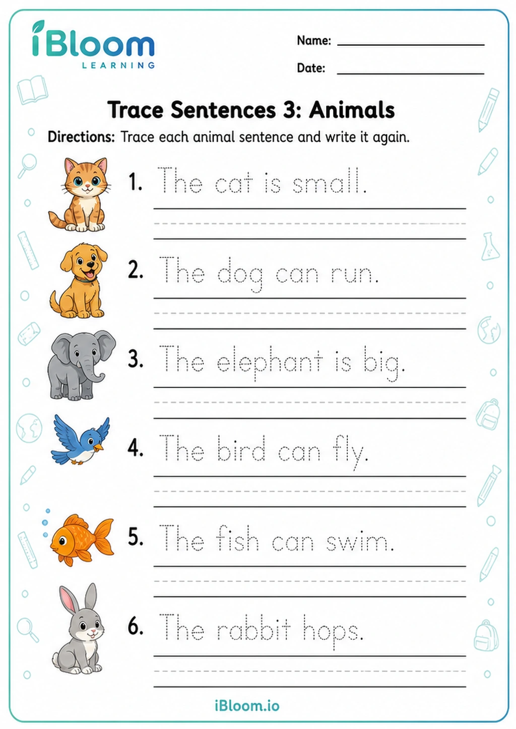 Preview of Trace Sentences 3: Animals worksheet