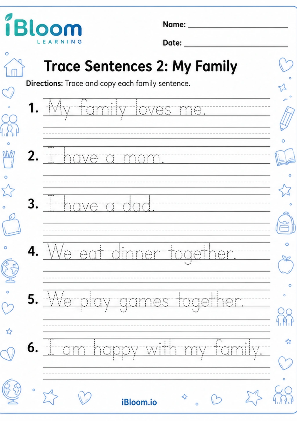 Preview of Trace Sentences 2: My Family worksheet