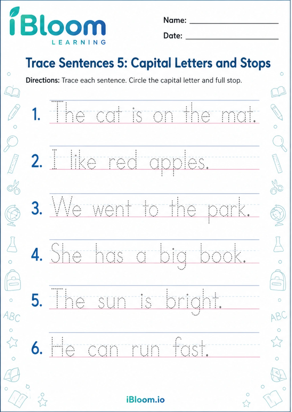 Trace Sentences 5: Capital Letters and Stops printable Class 1 worksheet