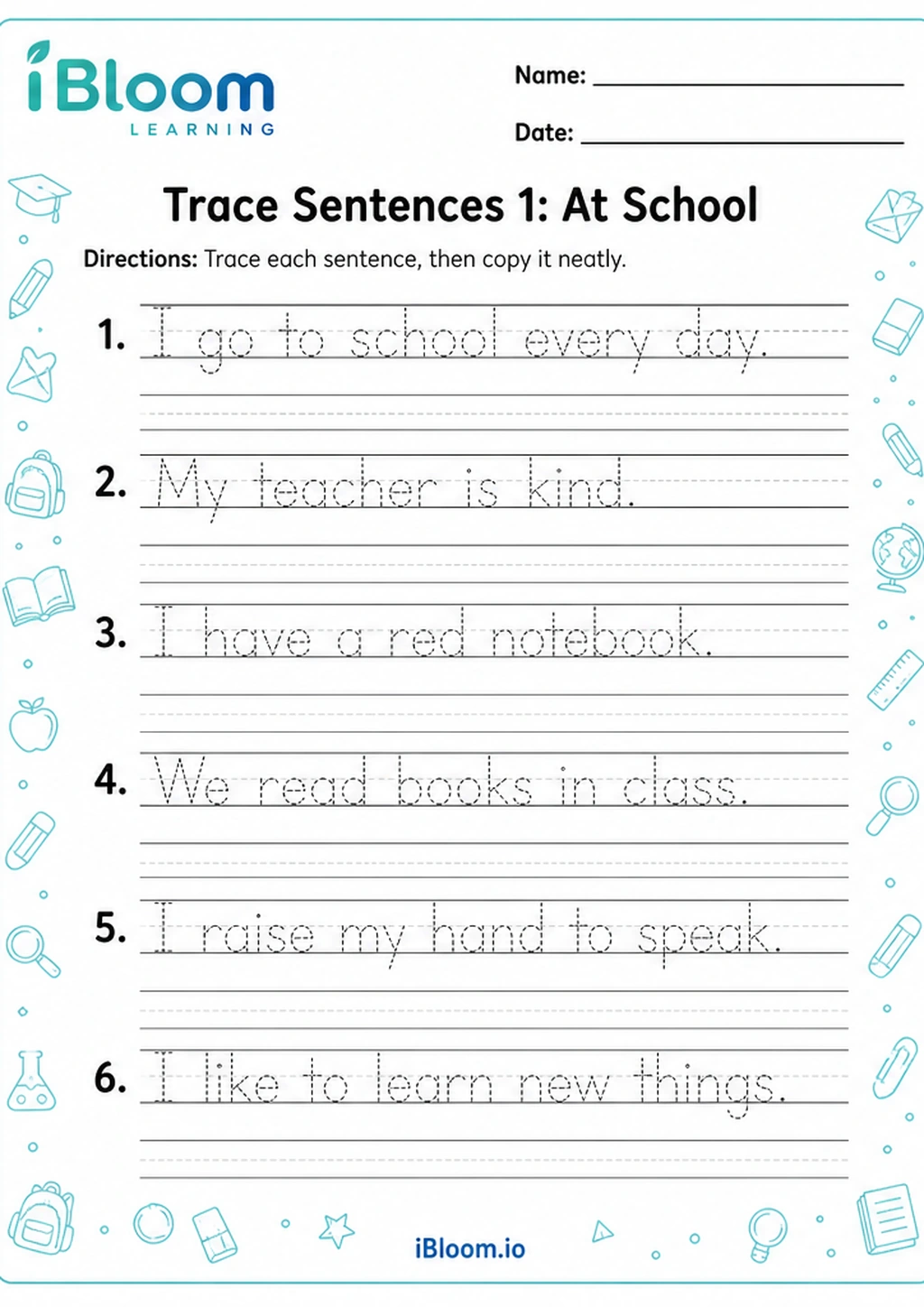 Preview of Trace Sentences 1: At School worksheet