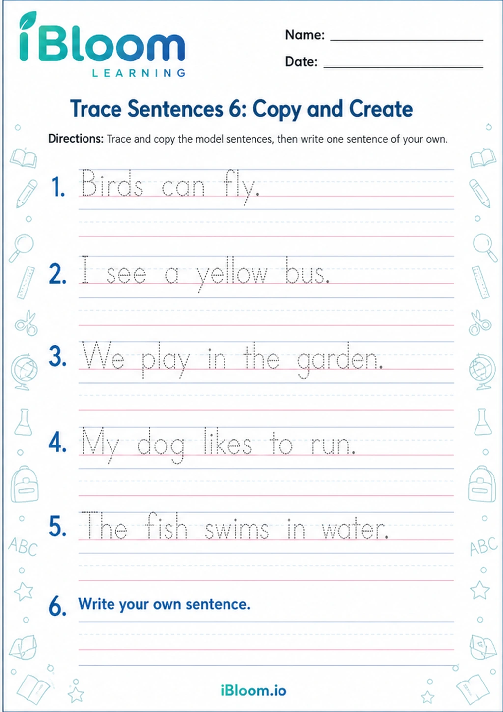 Trace Sentences 6: Copy and Create printable Class 1 worksheet