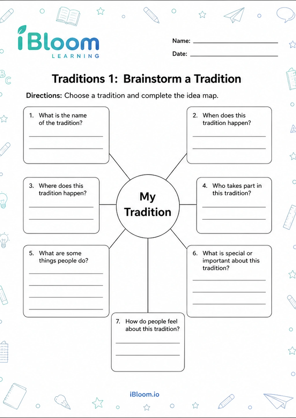 Traditions 1: Brainstorm a Tradition printable Class 4 worksheet