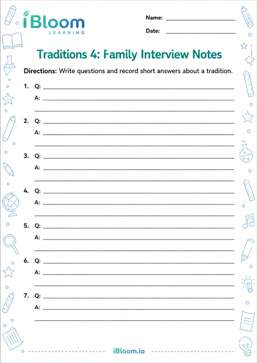 Preview of Traditions 4: Family Interview Notes worksheet