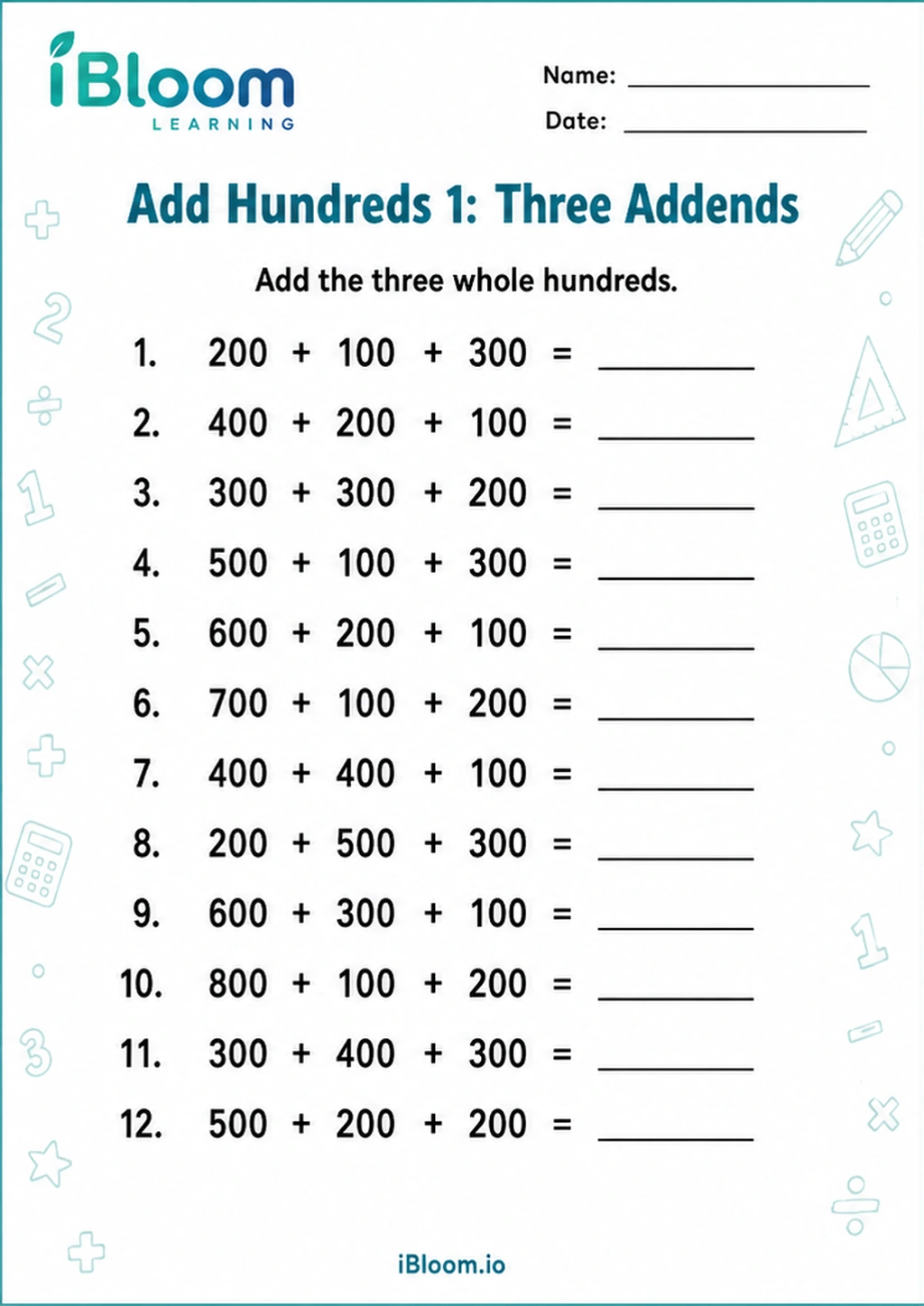 Preview page 1 of Add Hundreds 1: Three Addends