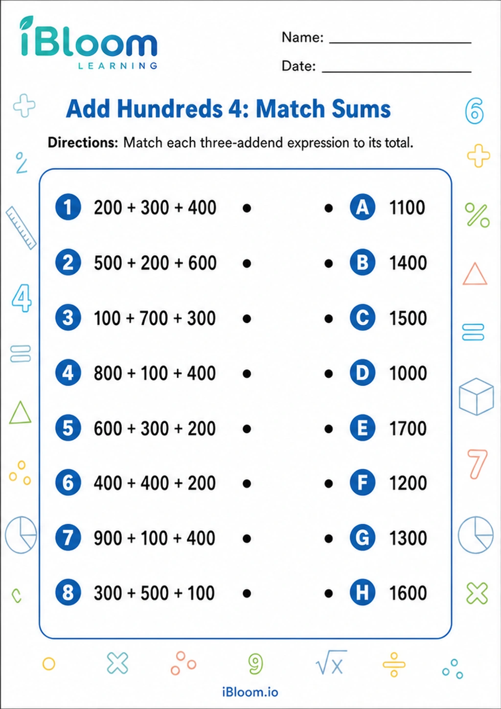 Preview of Add Hundreds 4: Match Sums worksheet