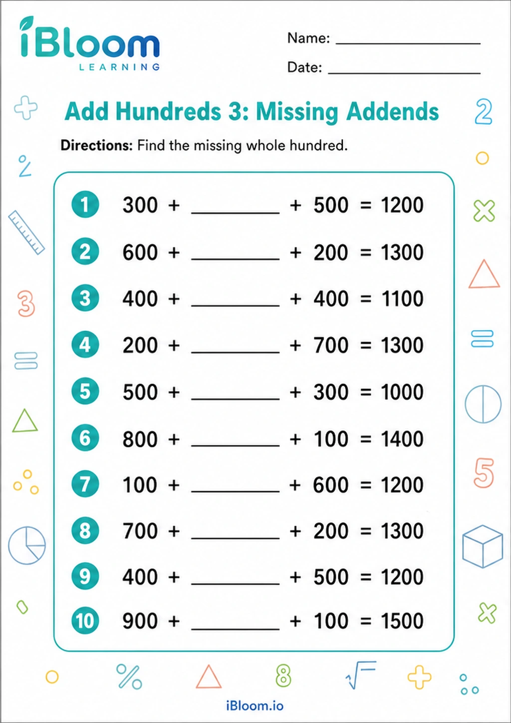 Preview of Add Hundreds 3: Missing Addends worksheet