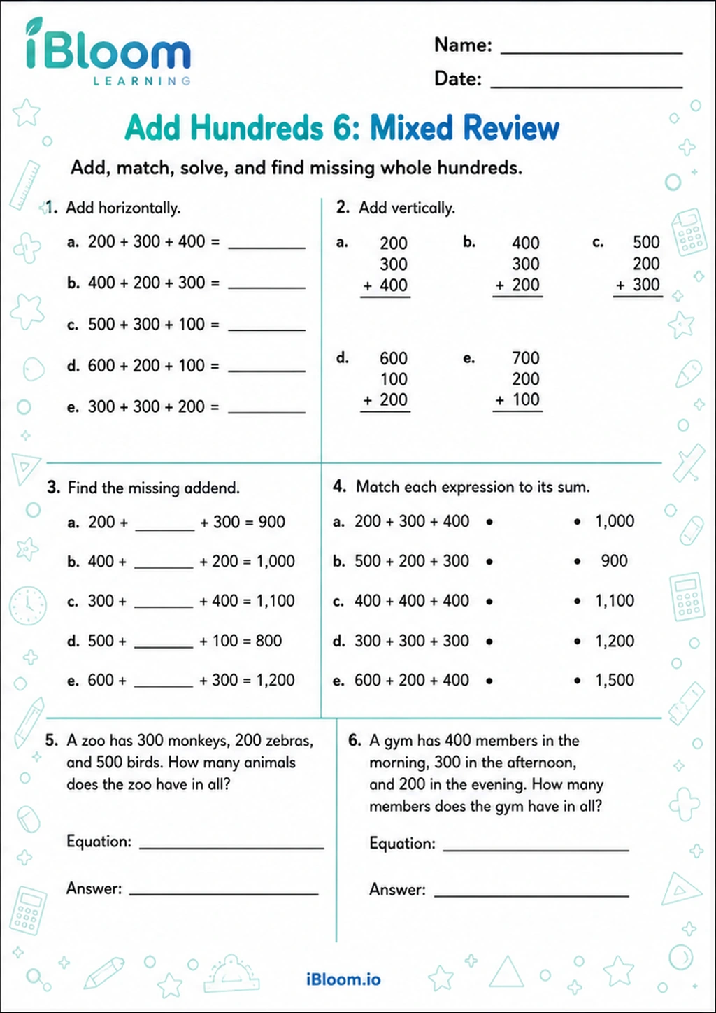 Preview of Add Hundreds 6: Mixed Review worksheet