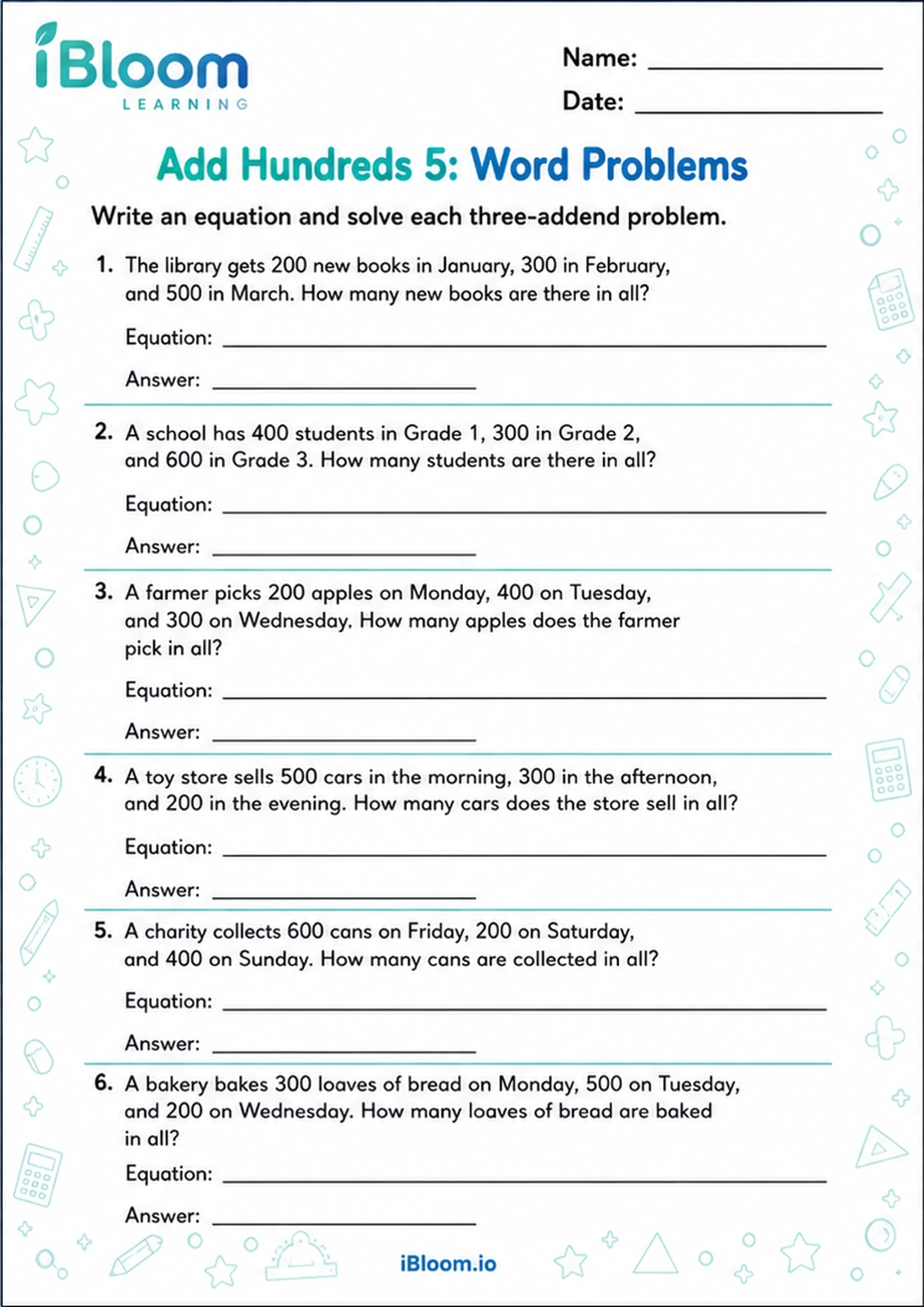 Add Hundreds 5: Word Problems printable Class 4 mathematics worksheet