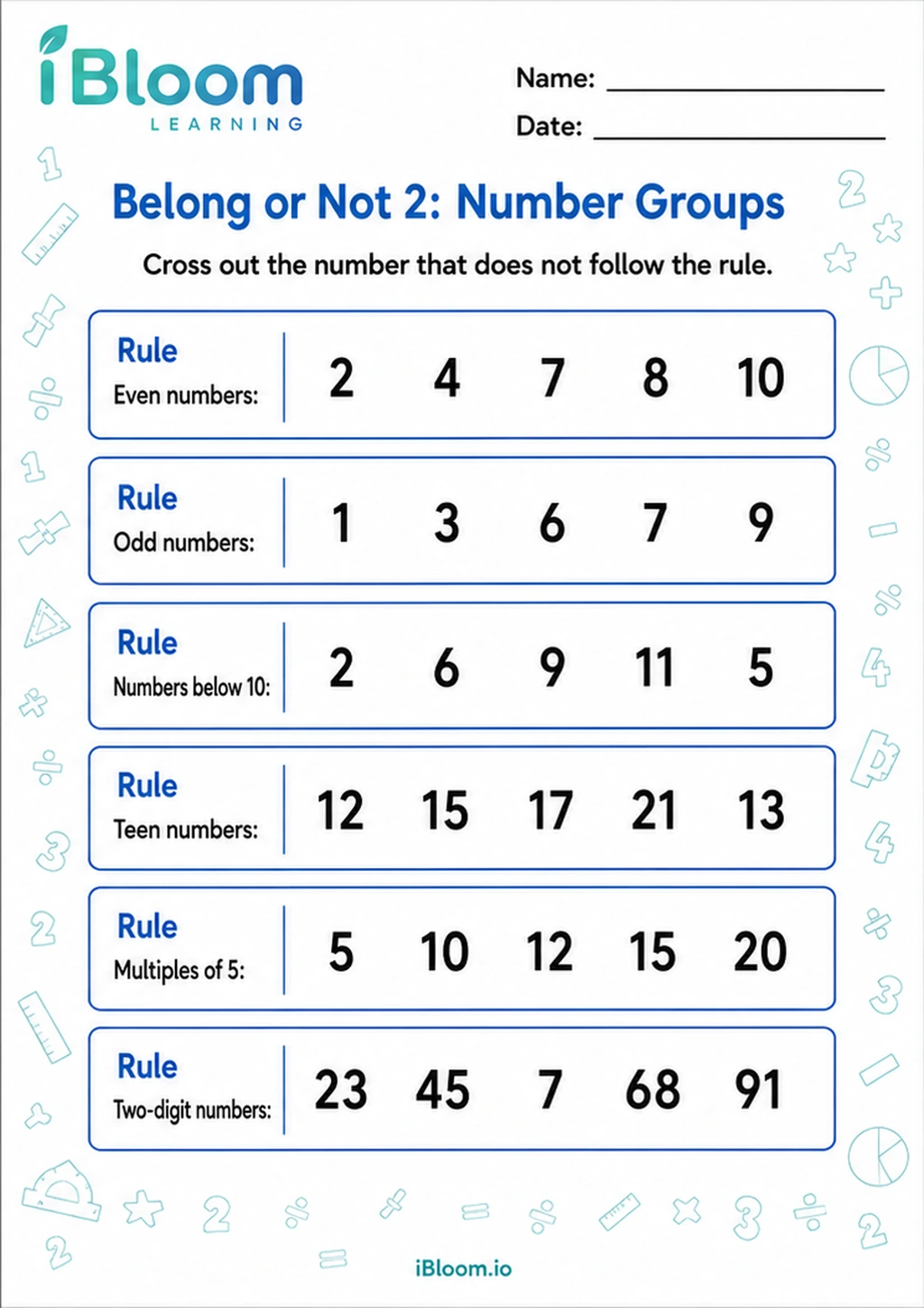 Preview of Belong or Not 2: Number Groups worksheet
