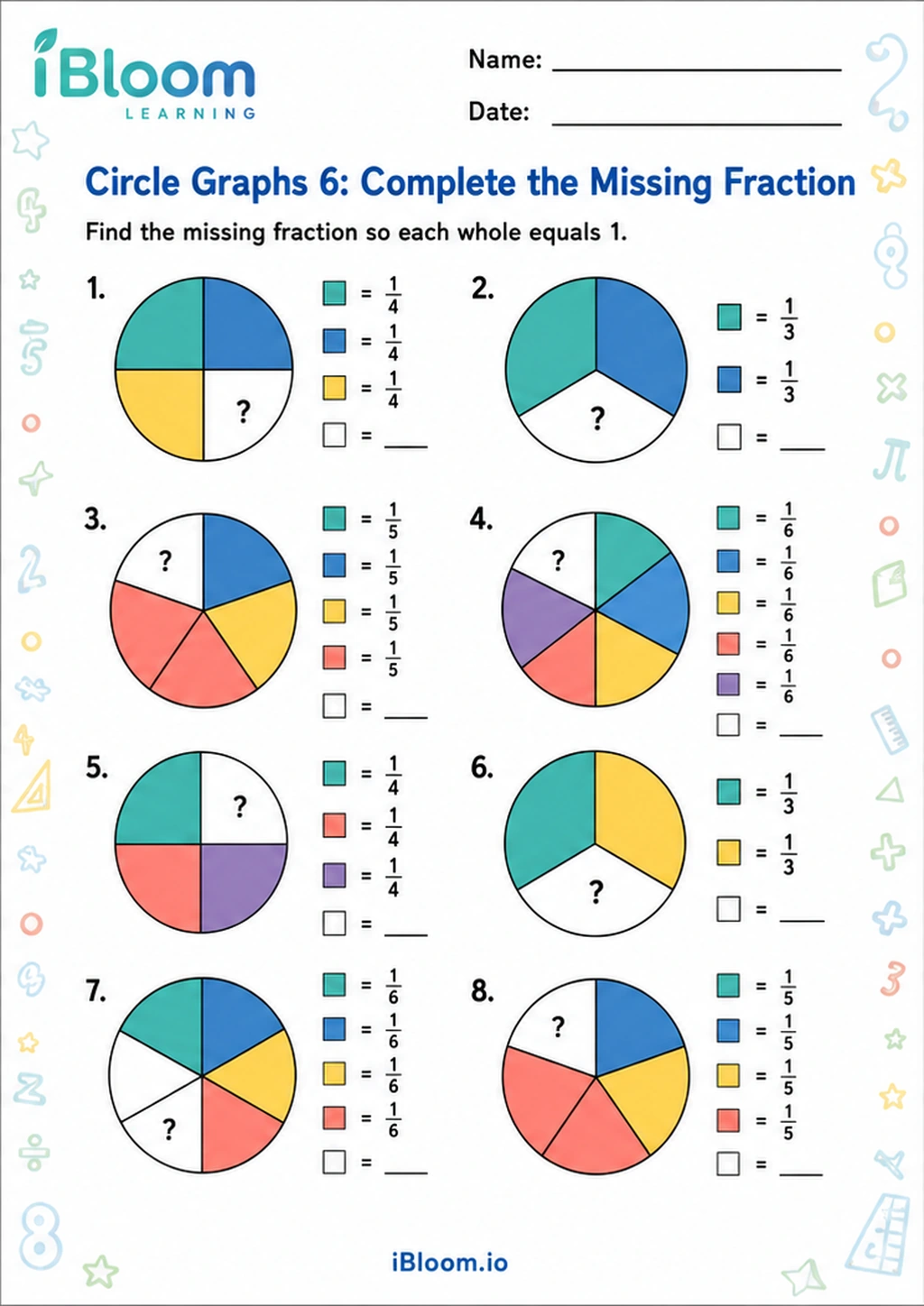 Preview page 1 of Circle Graphs 6: Complete the Missing Fraction