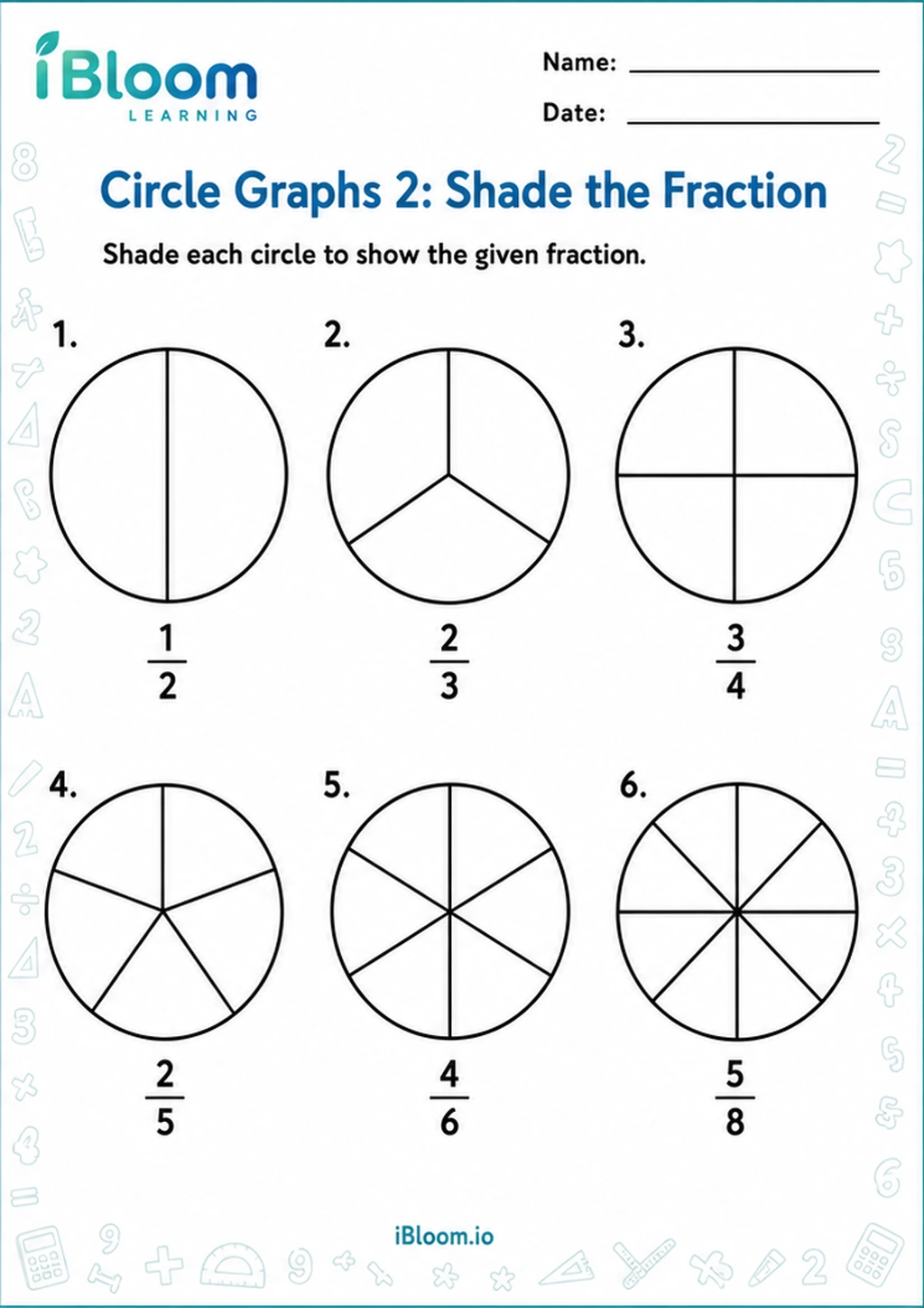 Circle Graphs 2: Shade the Fraction printable Class 5 mathematics worksheet