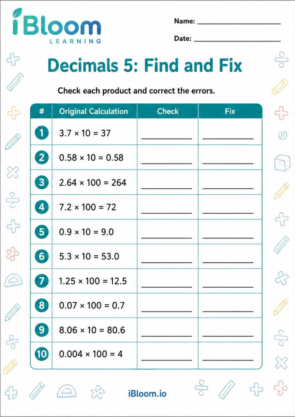 Preview of Decimals 5: Find and Fix worksheet