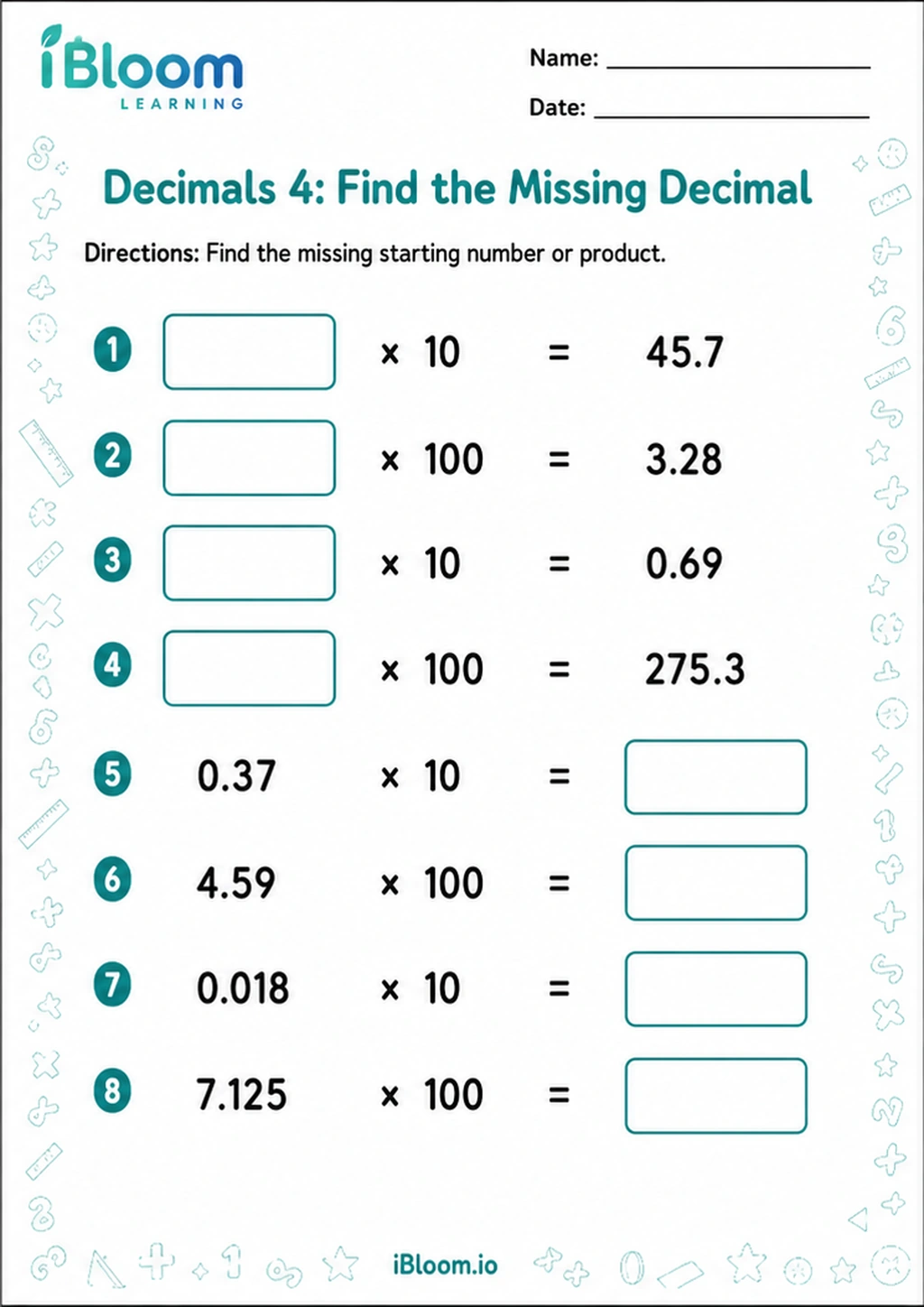 Preview of Decimals 4: Find the Missing Decimal worksheet