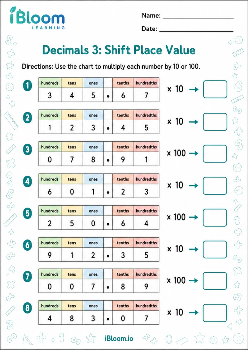 Decimals 3: Shift Place Value printable Class 5 mathematics worksheet