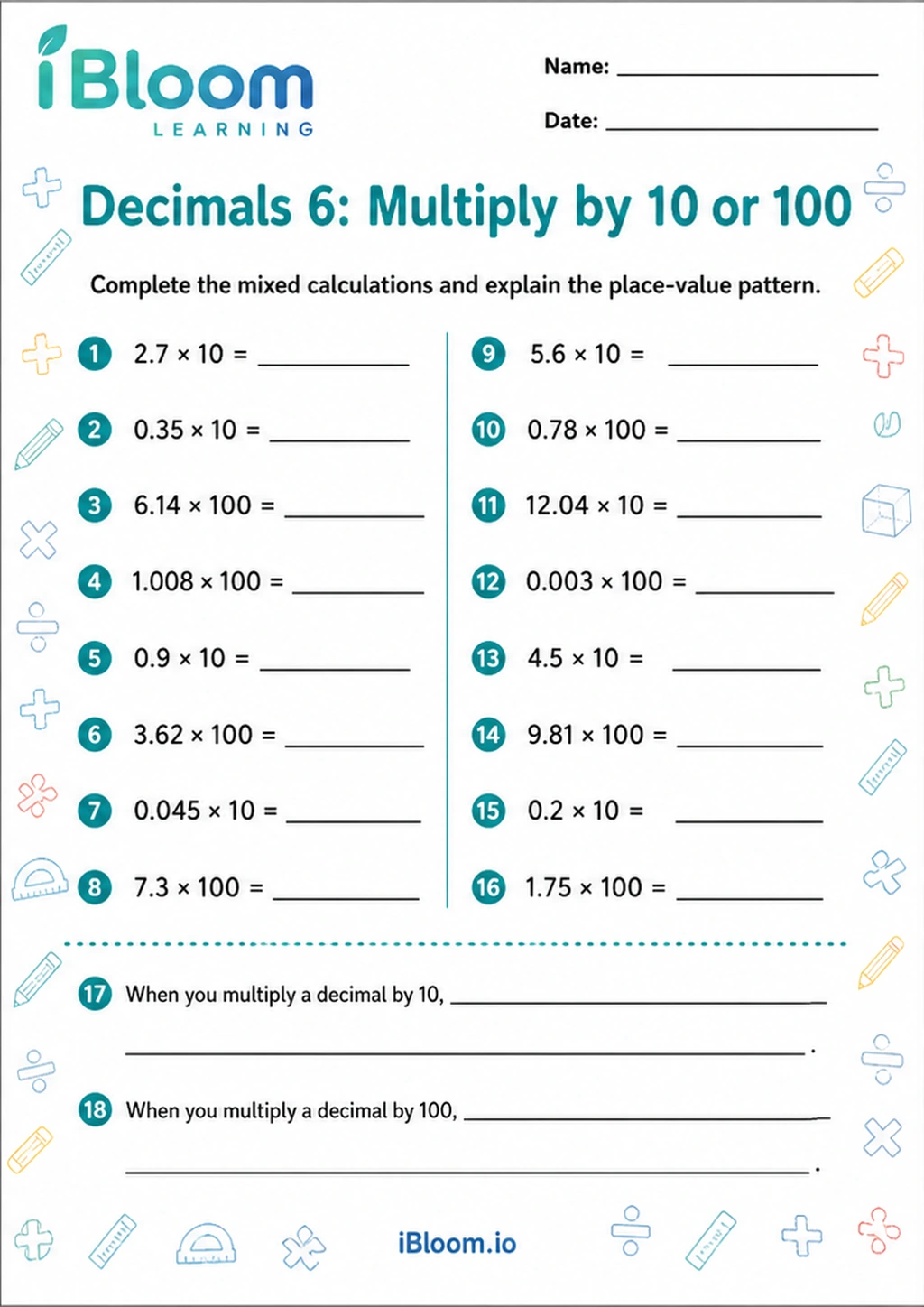 Preview of Decimals 6: Multiply by 10 or 100 worksheet