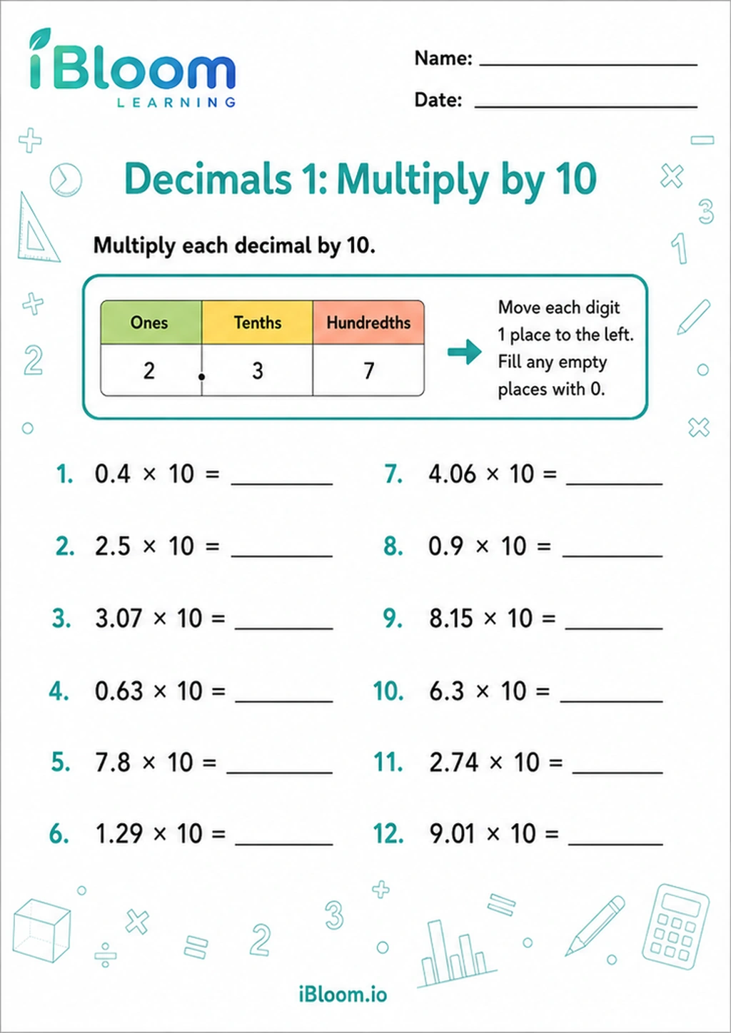 Preview page 1 of Decimals 1: Multiply by 10