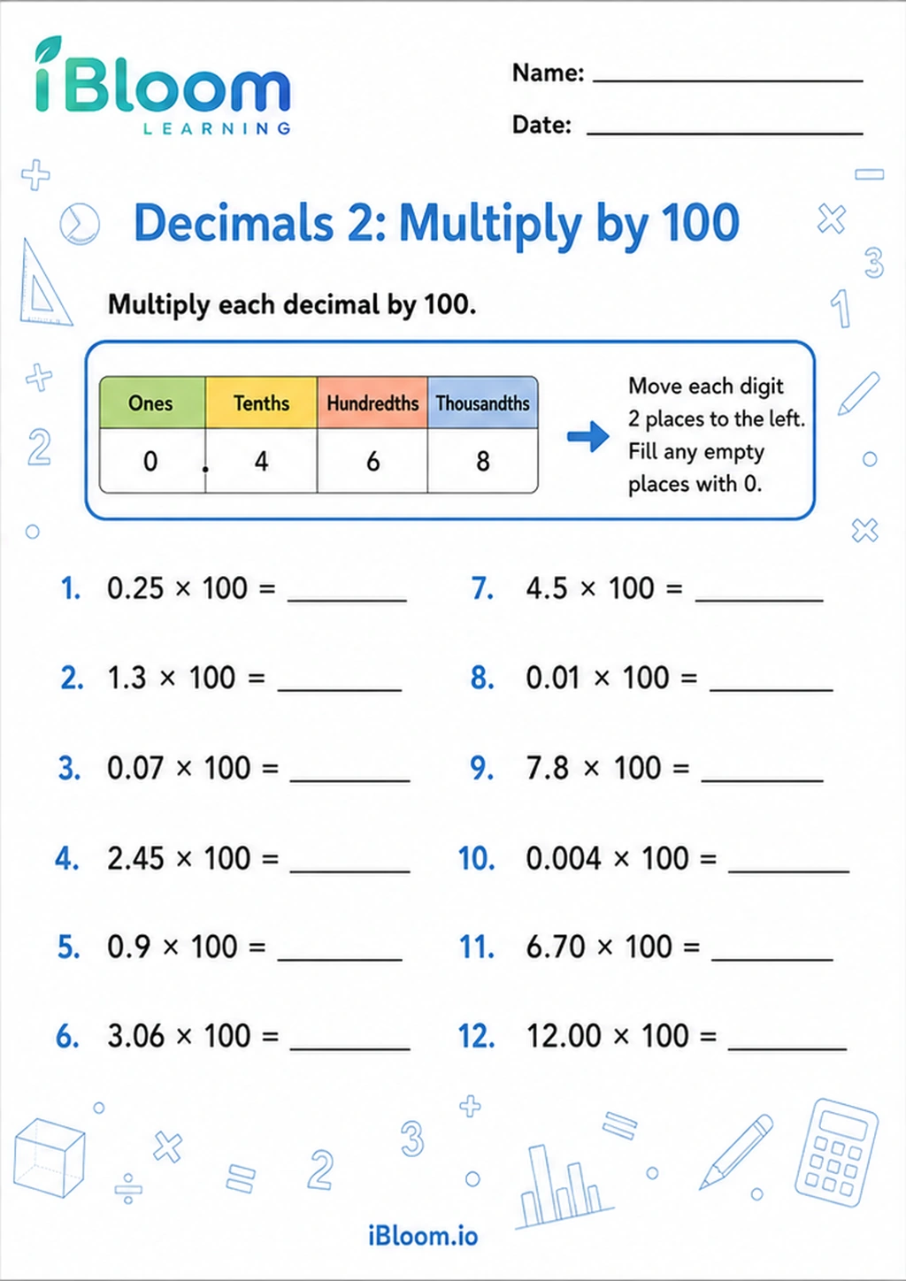 Preview page 1 of Decimals 2: Multiply by 100