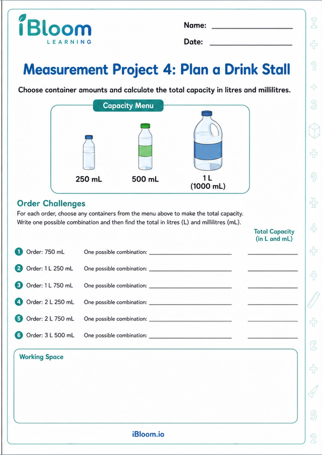 Preview of Measurement Project 4: Plan a Drink Stall worksheet
