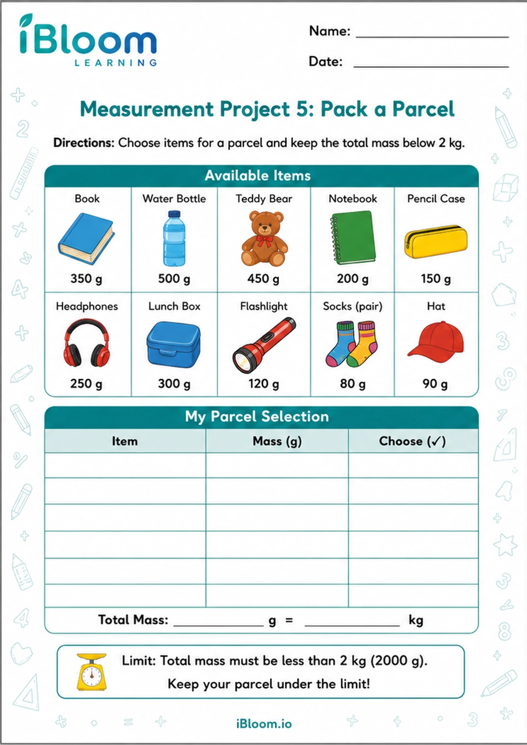 Preview of Measurement Project 5: Pack a Parcel worksheet