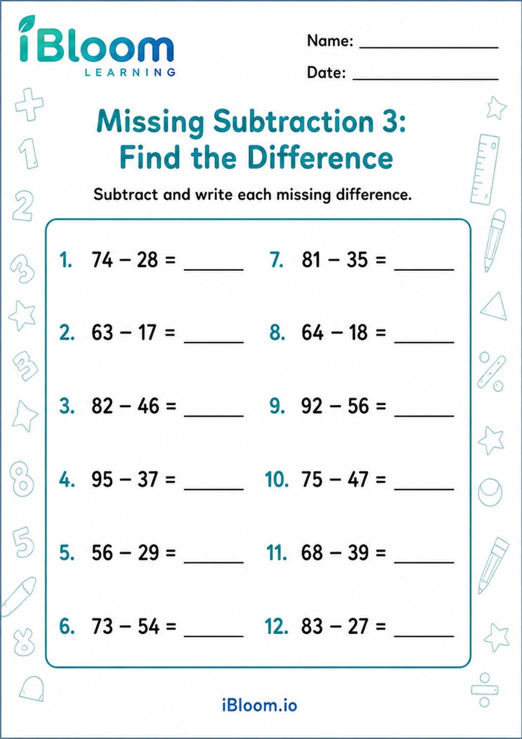 Preview of Missing Subtraction 3: Find the Difference worksheet