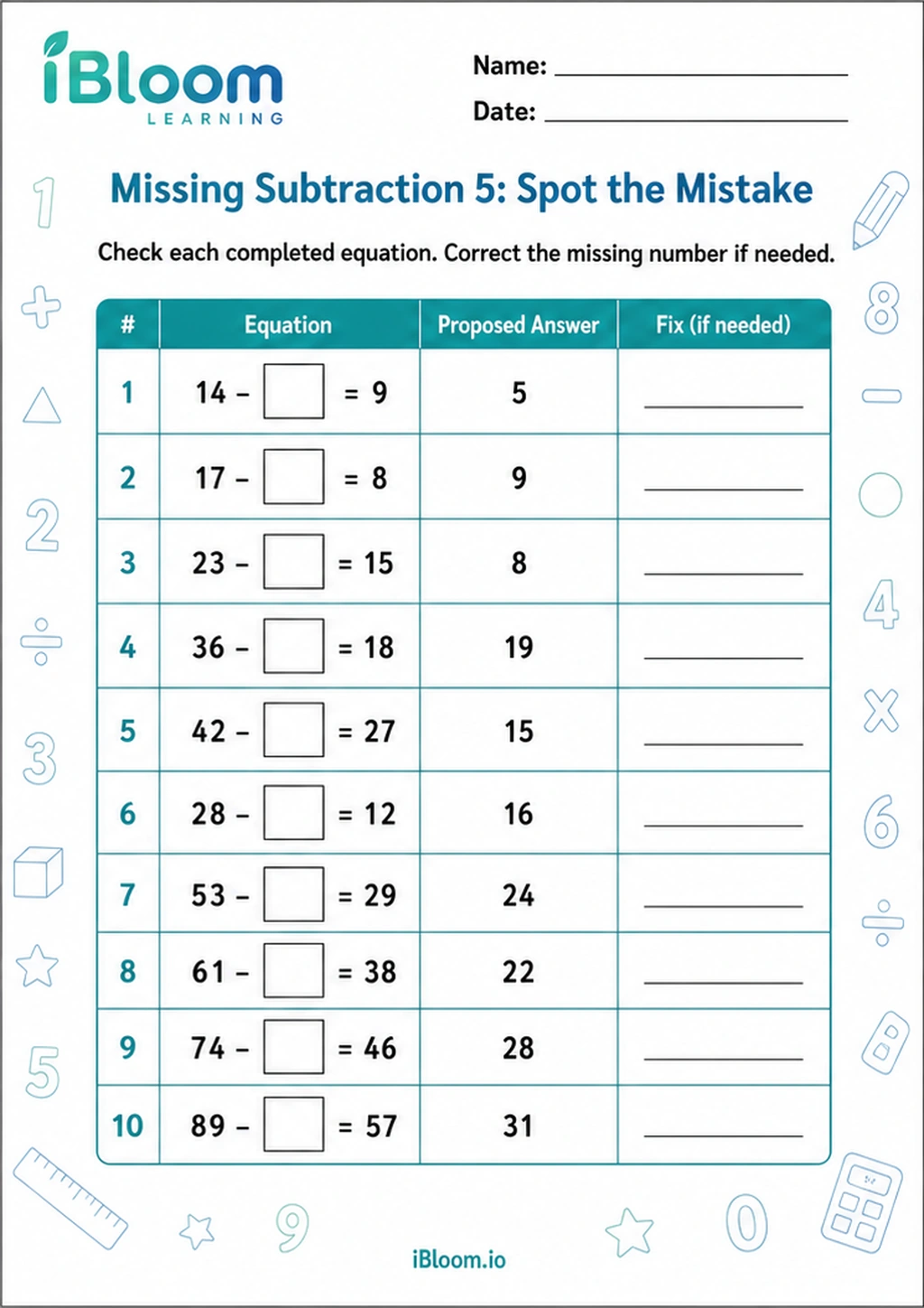 Preview page 1 of Missing Subtraction 5: Spot the Mistake