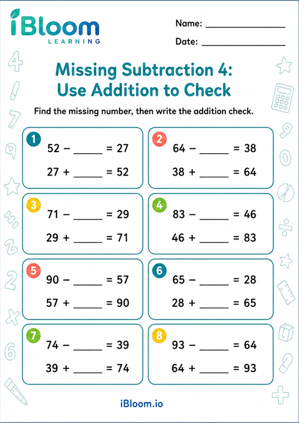 Preview page 1 of Missing Subtraction 4: Use Addition to Check