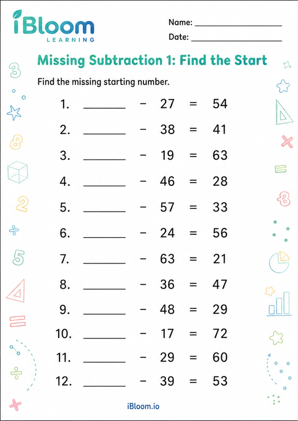 Preview page 1 of Missing Subtraction 1: Find the Start