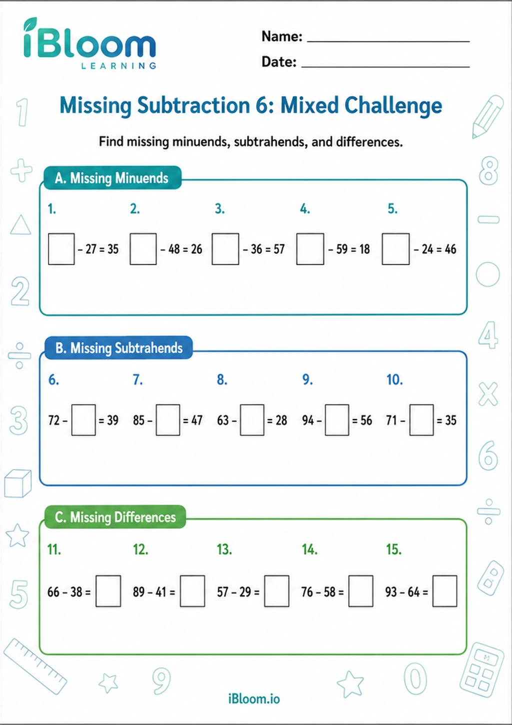 Preview of Missing Subtraction 6: Mixed Challenge worksheet