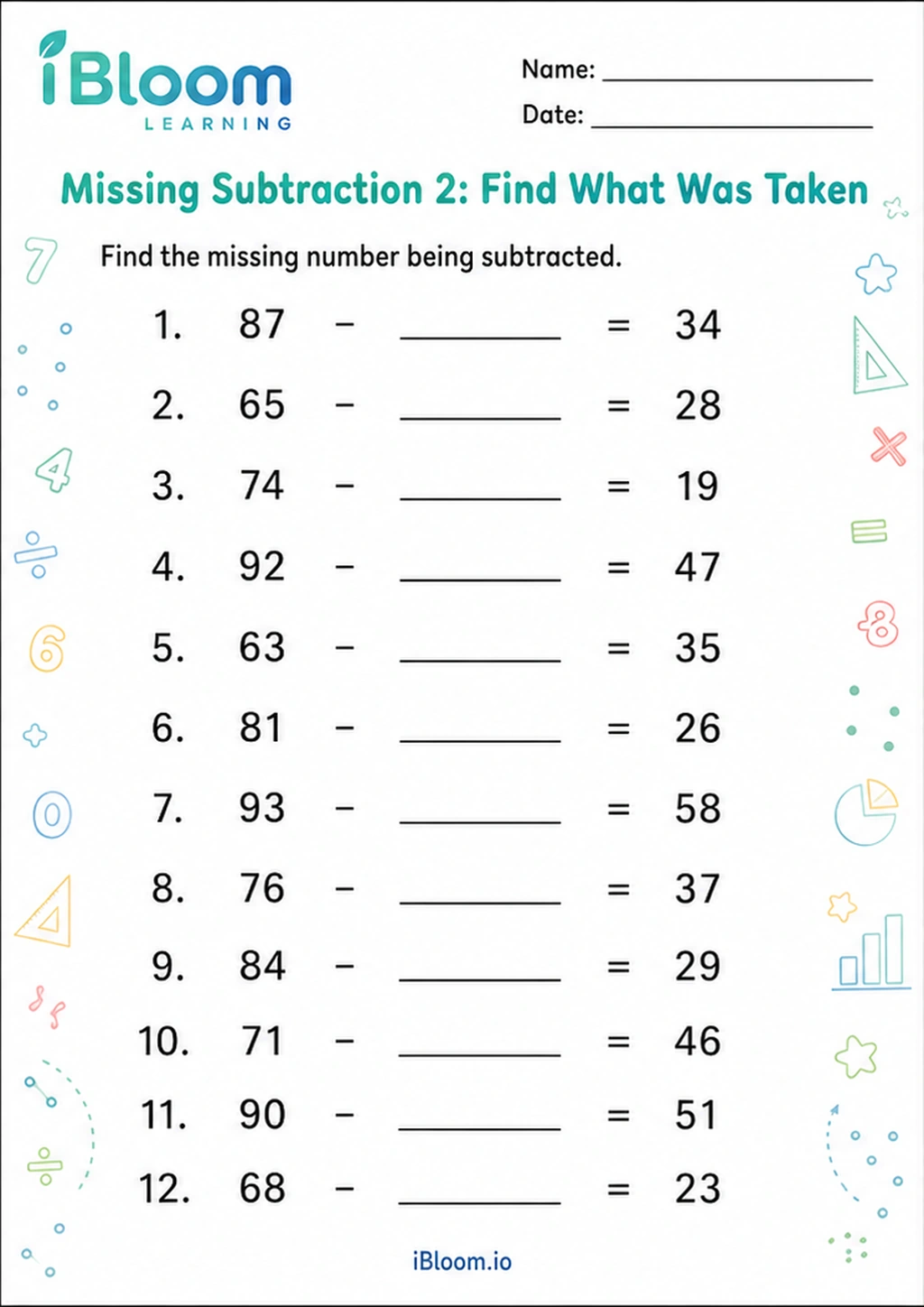 Preview page 1 of Missing Subtraction 2: Find What Was Taken