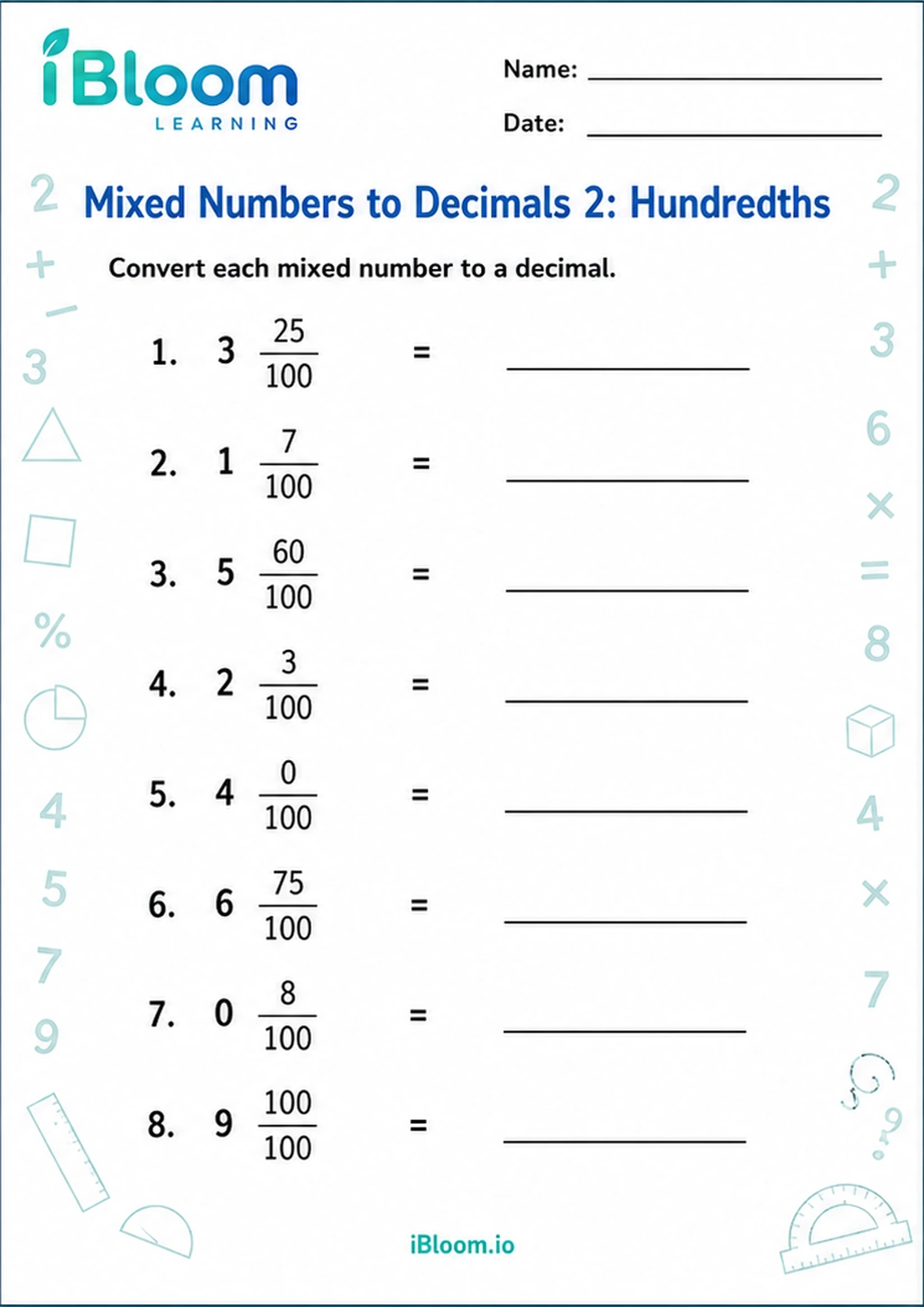 Preview page 1 of Mixed Numbers to Decimals 2: Hundredths
