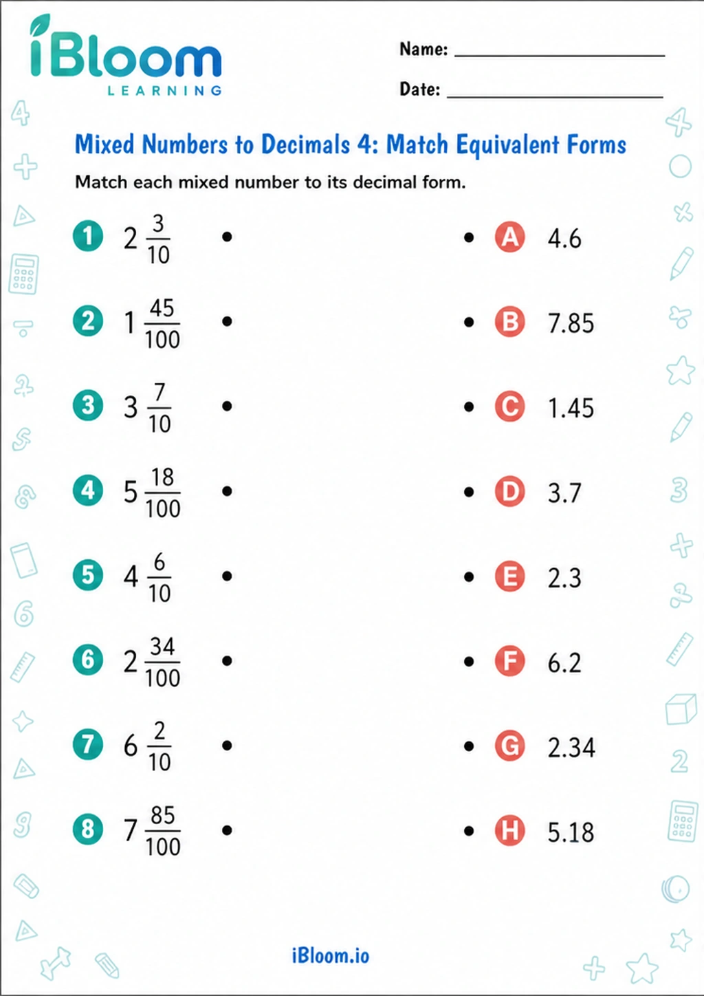 Preview of Mixed Numbers to Decimals 4: Match Equivalent Forms worksheet
