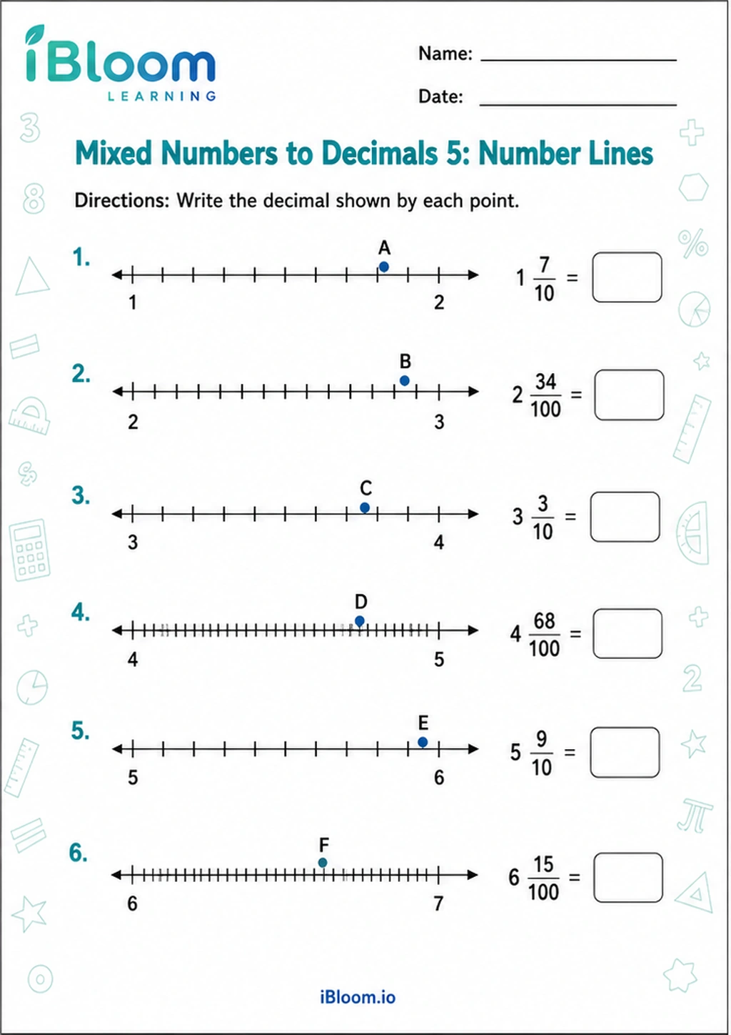 Preview of Mixed Numbers to Decimals 5: Number Lines worksheet