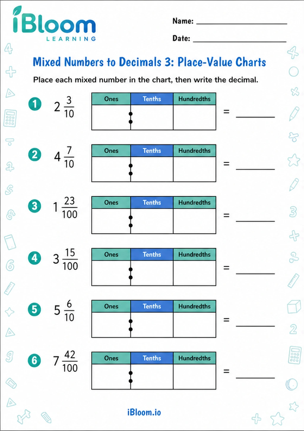 Preview of Mixed Numbers to Decimals 3: Place-Value Charts worksheet