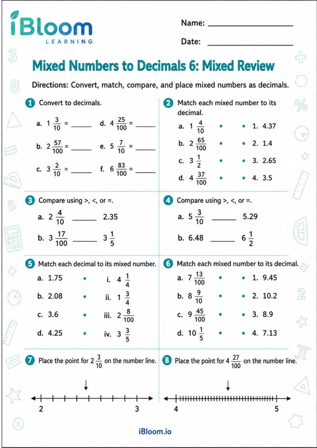 Preview of Mixed Numbers to Decimals 6: Mixed Review worksheet