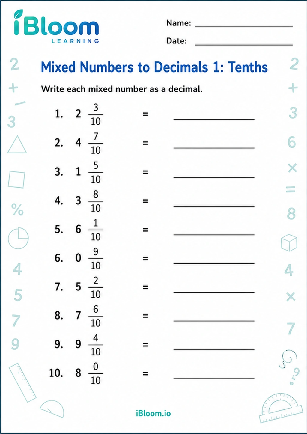 Preview of Mixed Numbers to Decimals 1: Tenths worksheet