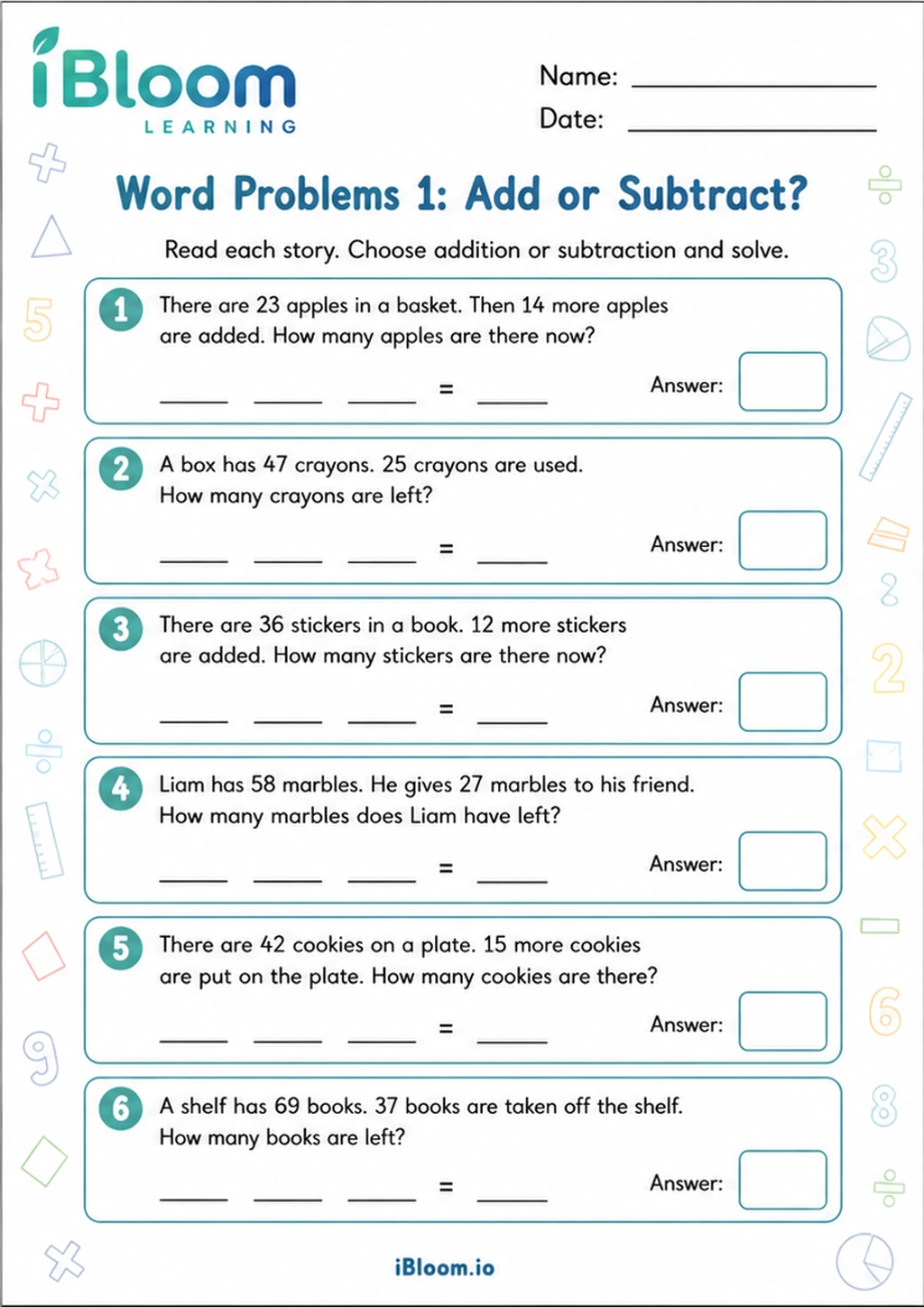 Preview of Word Problems 1: Add or Subtract? worksheet