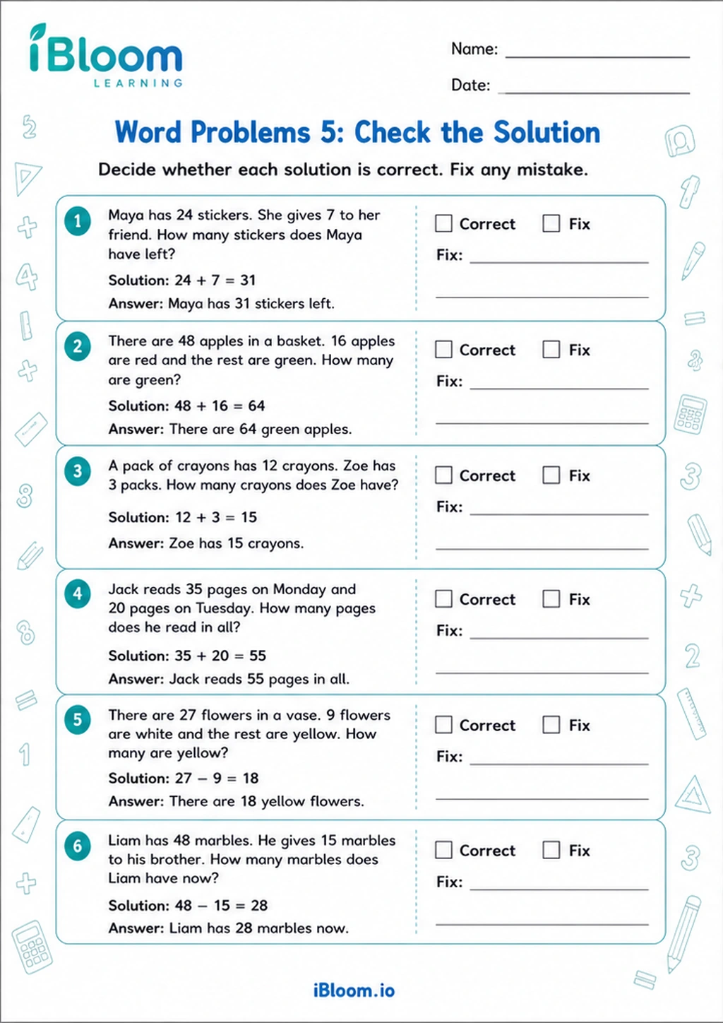 Preview page 1 of Word Problems 5: Check the Solution