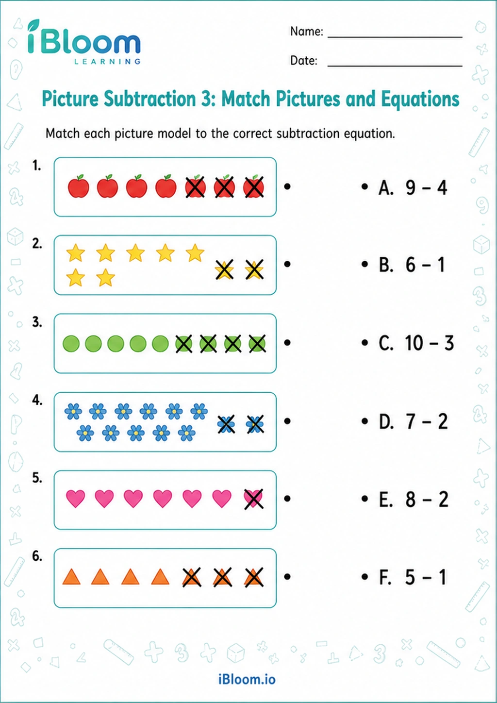 Preview page 1 of Picture Subtraction 3: Match Pictures and Equations