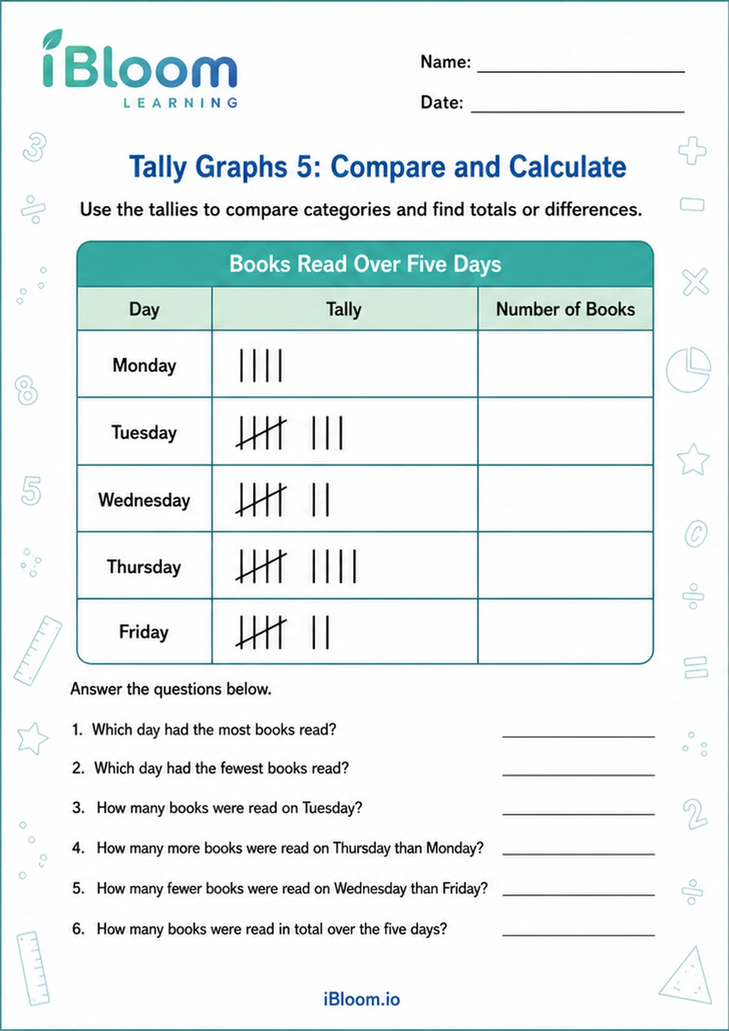 Preview of Tally Graphs 5: Compare and Calculate worksheet