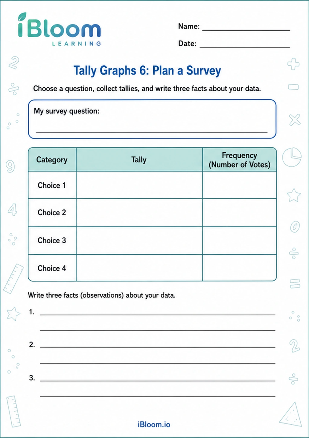 Preview page 1 of Tally Graphs 6: Plan a Survey