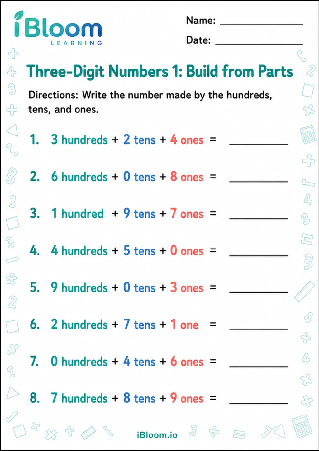 Preview page 1 of Three-Digit Numbers 1: Build from Parts