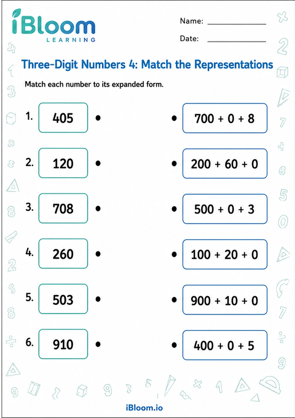 Preview page 1 of Three-Digit Numbers 4: Match the Representations