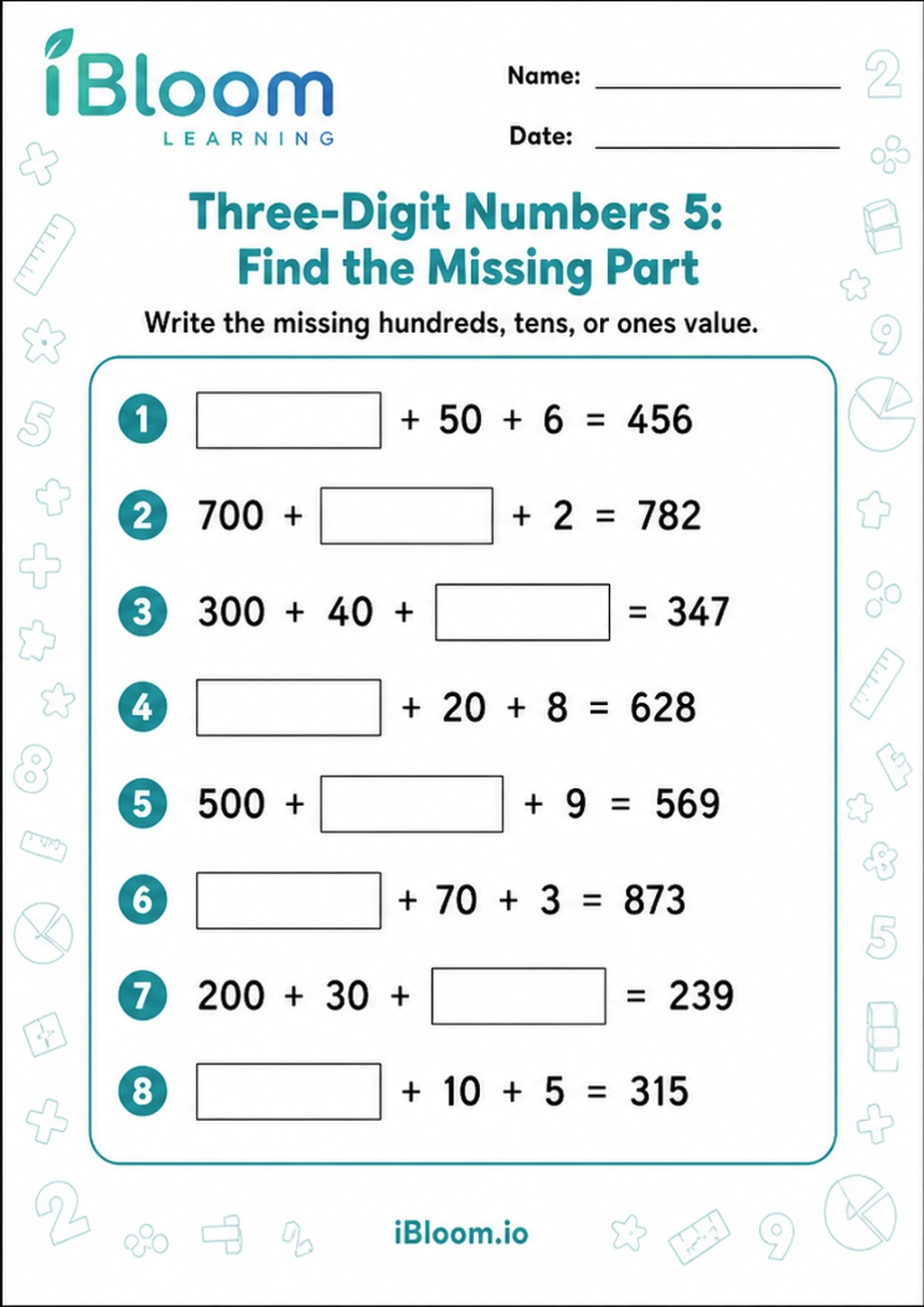 Three-Digit Numbers 5: Find the Missing Part printable Class 2 mathematics worksheet