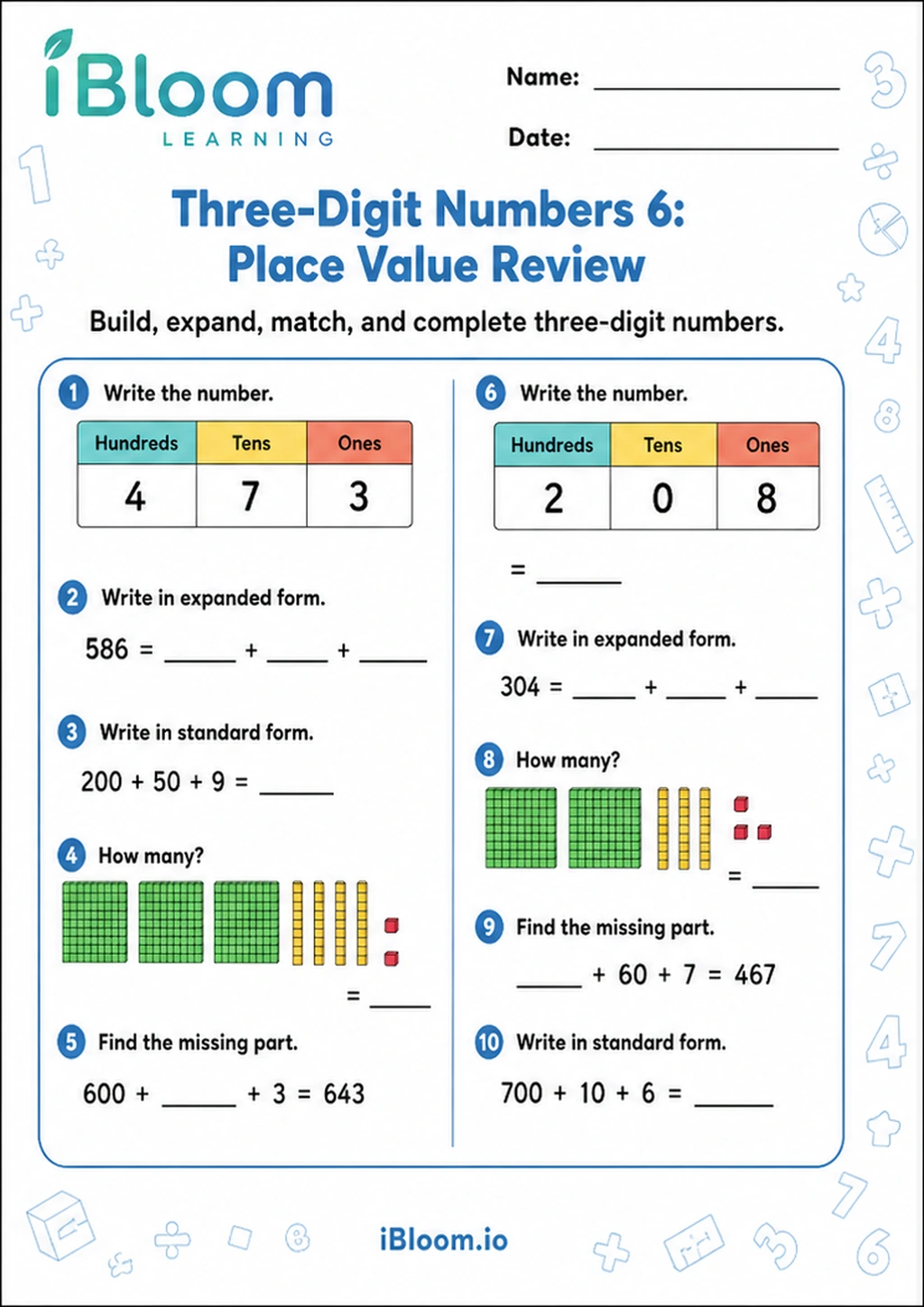 Preview of Three-Digit Numbers 6: Place Value Review worksheet