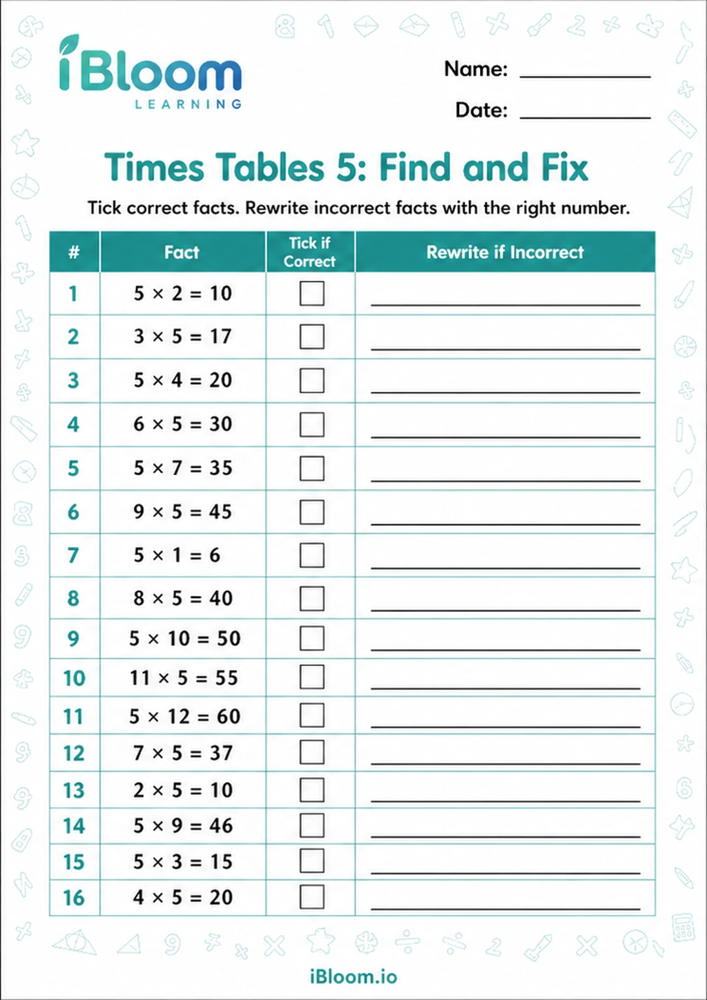 Preview page 1 of Times Tables 5: Find and Fix