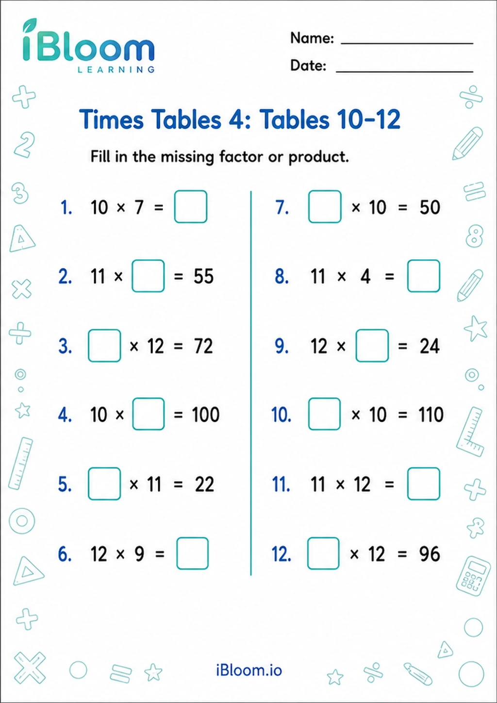 Preview page 1 of Times Tables 4: Tables 10–12